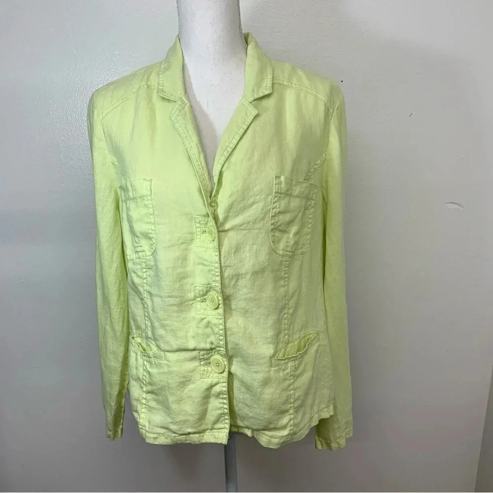 Chicos 2 Linen Jacket Large Chartreuse ‎ Long Sleeve Pockets Button Front Light
